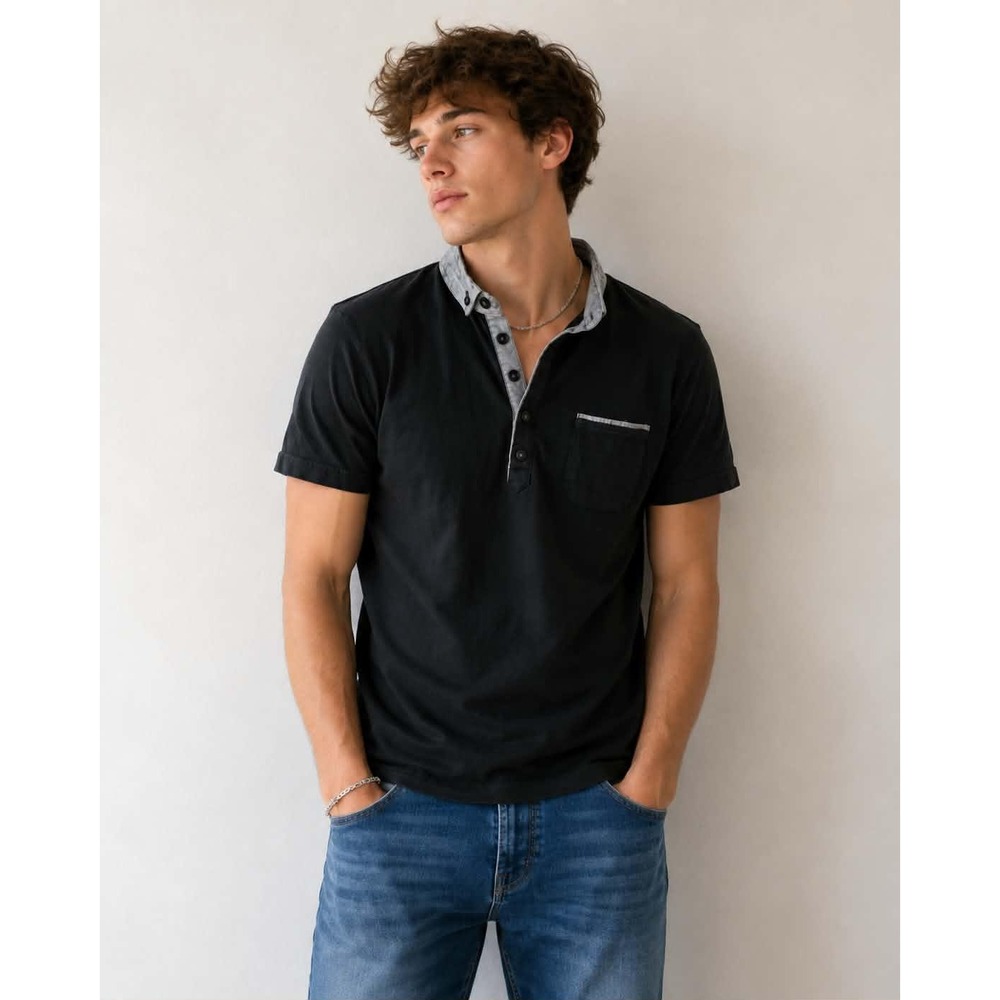 Steel & Jelly Mens Polo Shirt Black Short Sleeve Skull Stripe Collar Size M